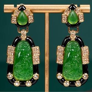 Elegant Green Jade-Style Drop Earrings with Gold and Black Accents